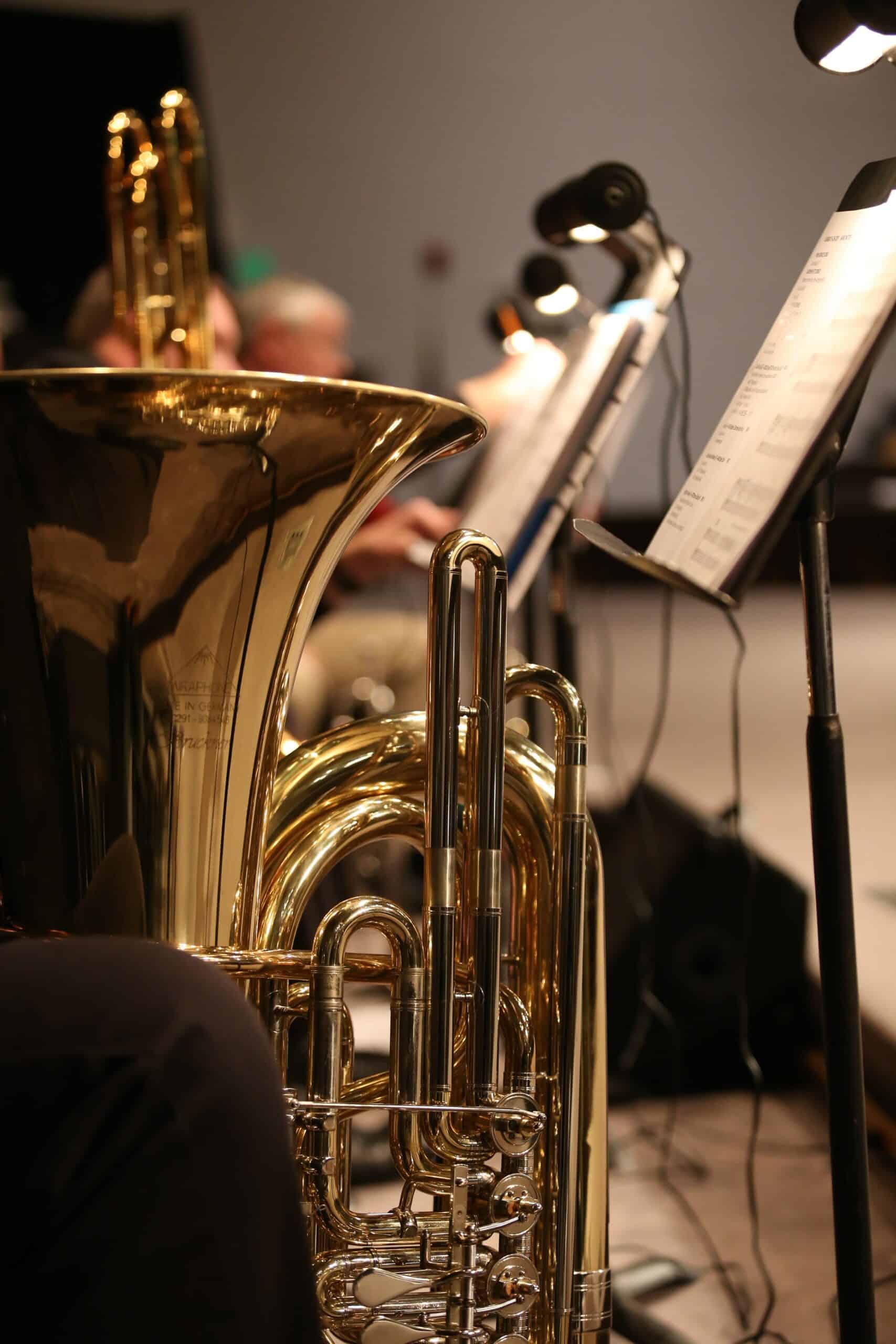 Musician playing the trombone in an orchestra